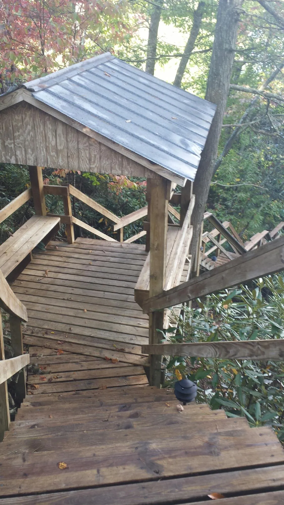 Metal roofed shelter over wooden steps on a wooded walkway — Skylight Repair & Installation work by our crew in Harcourt